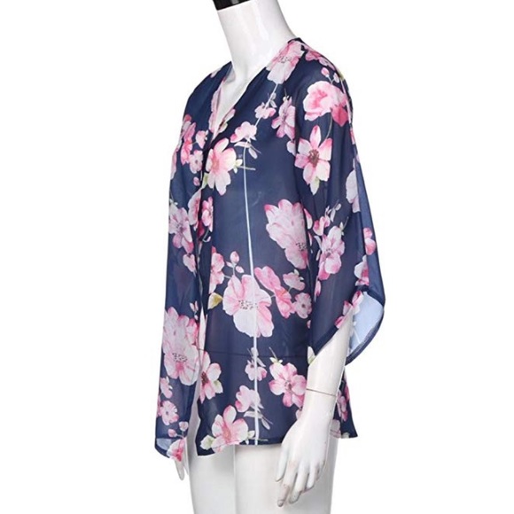 Navy floral print chiffon kimono coverup - Picture 5 of 7